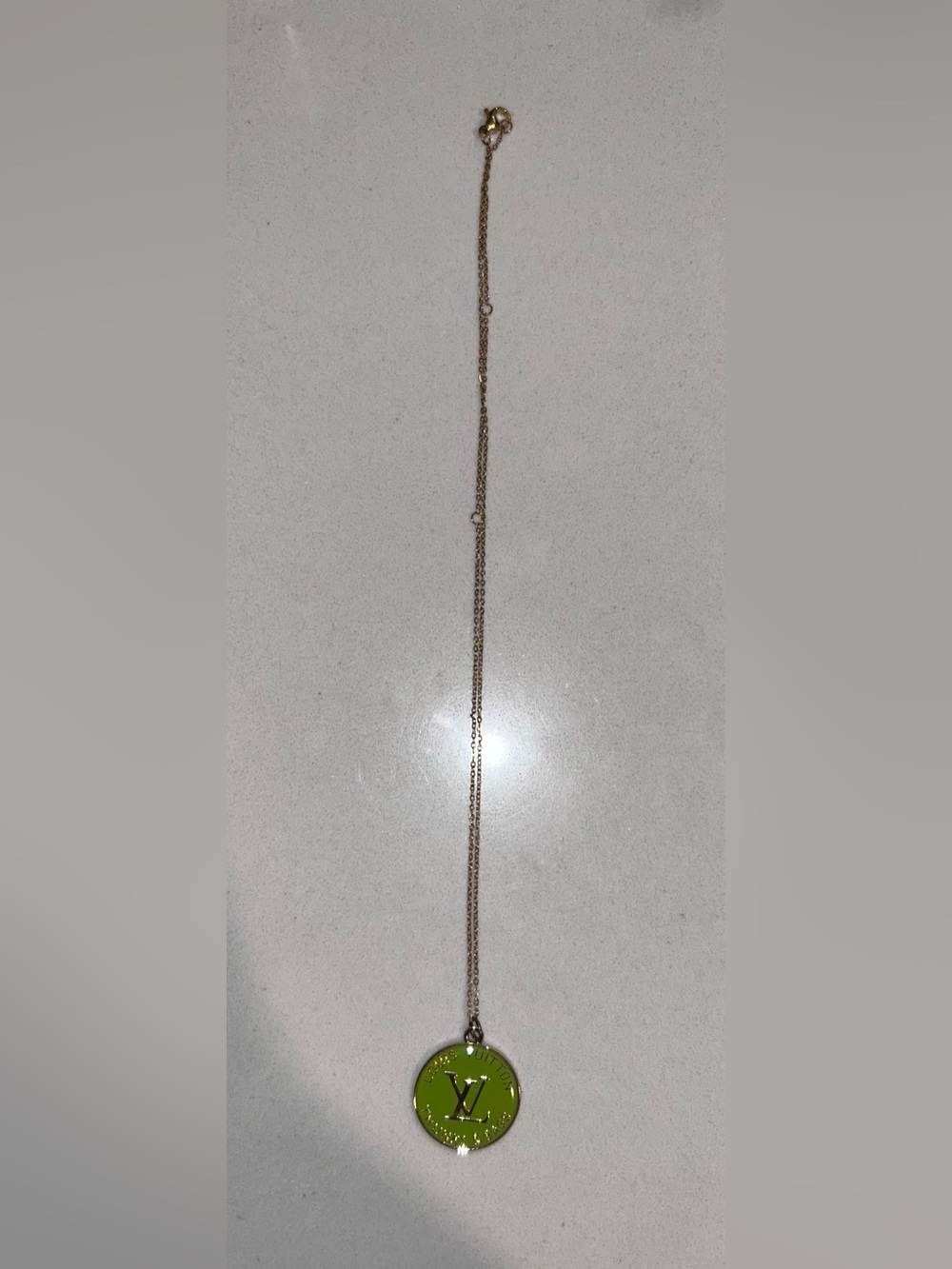 Louis Vuitton Green Enamel LV Disc Pendant Necklace in Gold-Tone